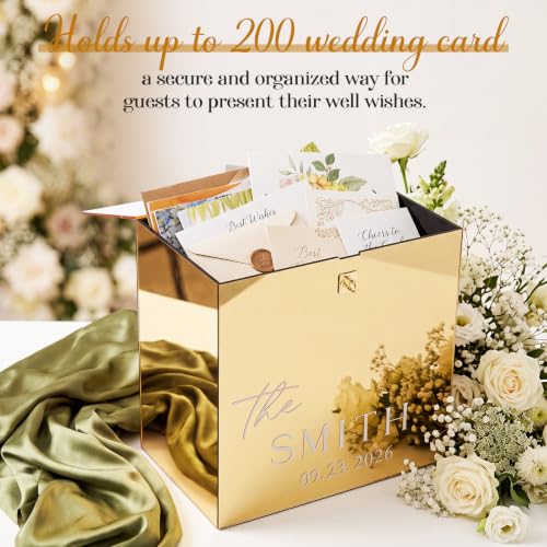 Novabright 10 Inches Wedding Acrylic Card Box with Slot Lock and Last Name Transfers Money Box for Bridal Shower Wedding, Baby Shower Birthday Party, No Assembly Needed(Gold,Classic Style) - color: Gold, style: Classic Style