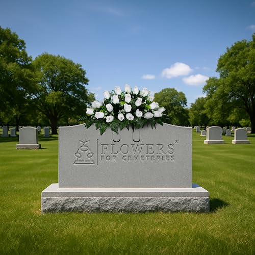 Sympathy Silks 30" Headstone Flower Saddle Artificial Cemetery Flowers - Gravesite Flowers - White Roses - color: White Roses, size: Saddle
