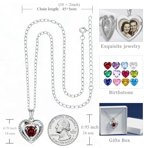 Locket Heart Necklace that Holds Pictures Photo Lockets Birthstone Pendant Anniversary Memorial Jewelry Gifts for Women - color: 01-January-Silver-Heart Locket