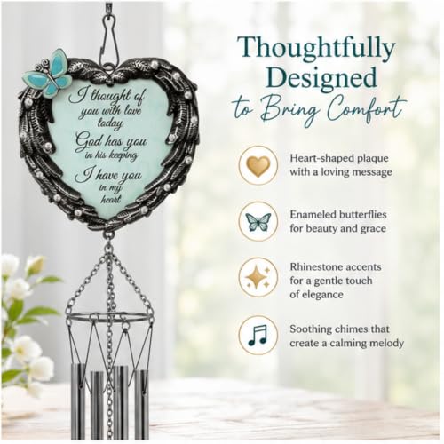 Memorial Wind Chimes Sympathy Gift for Loss of Loved One, Heart Angel Wings & Butterfly Design, “I Thought of You with Love Today” Remembrance Wind Chime, Bereavement Gift for Family or Friends, 23"