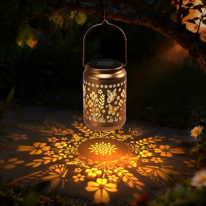 Lyeasw Garden Decor Butterfly Solar Lanterns Waterproof, Christmas Garden Gifts for Women Mom Grandma, Hanging Solar Lights for Outside, Metal Outdoor Decorations for Patio, Yard, Pathway(Bronze) - style: Butterfly