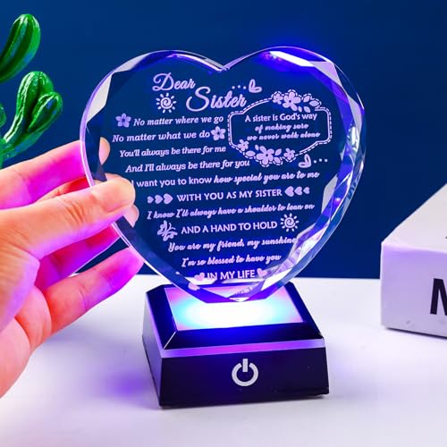 YWHL Sister Birthday Gifts from Sister Brother to My Sisters Crystal Heart Keepsake with Colorful Light Base Soul Sister Gifts for Women for Christmas Mother's Day - color: Sister Gifts