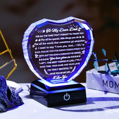 YWHL Gifts for Dad from Daughter Son with Colorful Light Base Birthday Gifts for Dad Crystal Heart Keepsake Thank You Gift Idea To My Father Present on Fathers Day Christmas Thanksgiving - color: Dad Gifts
