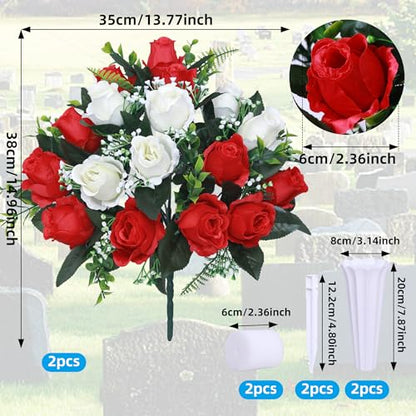 Set of 2 Artificial Cemetery Flowers with Vase,Grave Memorial Day Flowers for Cemetery Headstones Gravesites (Red,White) - color: Red & White