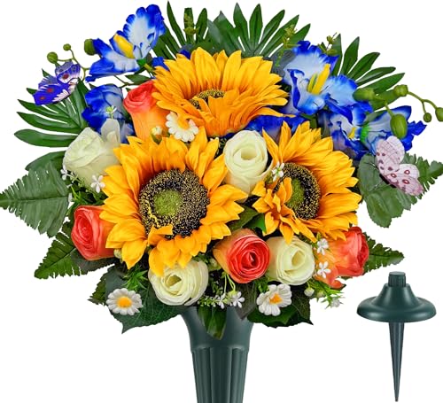 Artificial Cemetery Flowers for Grave Decorations: Sunflower, Rose, Cattleya Bouquet with Vase – Ideal for Sympathy & Memorial Tributes