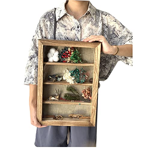 WANLIAN Shadow Box Frame with Acrylic 11x16“ Wooden Shadow Box Display Case with 3 Detachable Shelves & Linen Back, Wall-Mounted Deep Display Box Picture Frame for Photos Memorabilia (Carbonized) - color: Carbonized