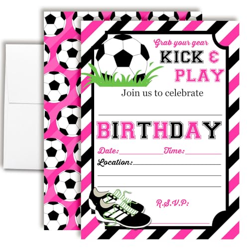 Pink & Black Kick and Play Soccer Themed Birthday Party Invitations for Girls, 20 5x7 Fill In Cards with Twenty White Envelopes by AmandaCreation - style: Pink & Black Kick and Play Soccer