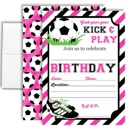 Pink & Black Kick and Play Soccer Themed Birthday Party Invitations for Girls, 20 5x7 Fill In Cards with Twenty White Envelopes by AmandaCreation - style: Pink & Black Kick and Play Soccer