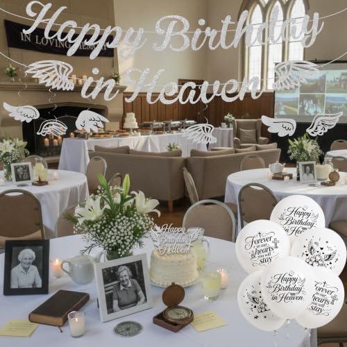 Happy Birthday in Heaven Decorations, Silver Glitter Heavensent Banner Set | Pre-strung Banners, Angel Wings Hanging Swirls Cake Topper White Balloons, Funeral Remembrance Heavenly Party Supplies - color: Silver