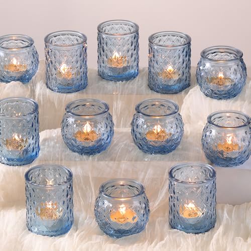 DARJEN 12Pcs Blue Votive Candle Holders- Glass Candle Holder for Vintage Decoration, Tea Lights Candle Holders for Wedding, Party Table Centerpieces & Gift - color: Blue, size: 12 PCS