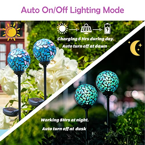Afirst Solar Outdoor Decorative Light, Mosaic Stake for Yard Decor, 3.5" | 2 Pack Crackle Glass Sphere Mosaic Glass Ball Stake, Waterproof Design & Solar Lights for Lawn, Yard & Pathway Decor, Blue