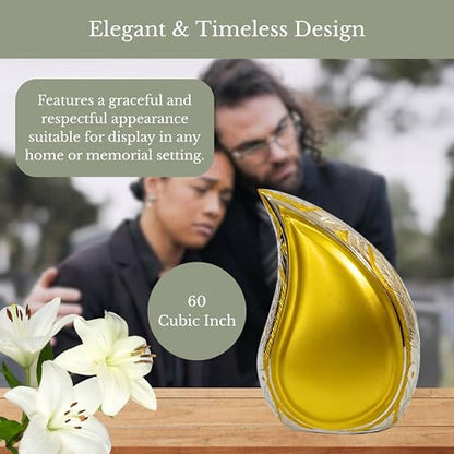 NORSE'S TRADECRAFT Teardrop Urn for Ashes Adult Male & Female | Metal with Gold Finish, 60 cu in Capacity, Memorial Gifts with Velvet Bag, Handcrafted Cremation Urn Keepsake