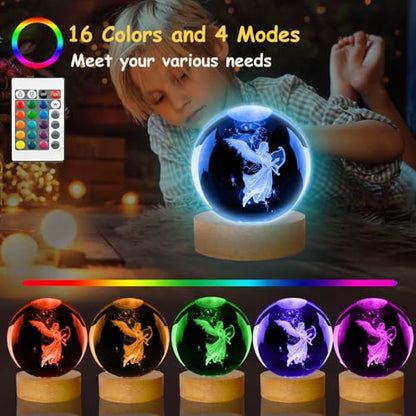Guardian Angel Crystal Ball Lamp, Glass Angels Figurine Ball Night Light | 16 Colors Table Lamp with Wooden Base and Remote Control, Angels Gifts and Birthday Gift for Women Men Kids (angel) - color: Angel