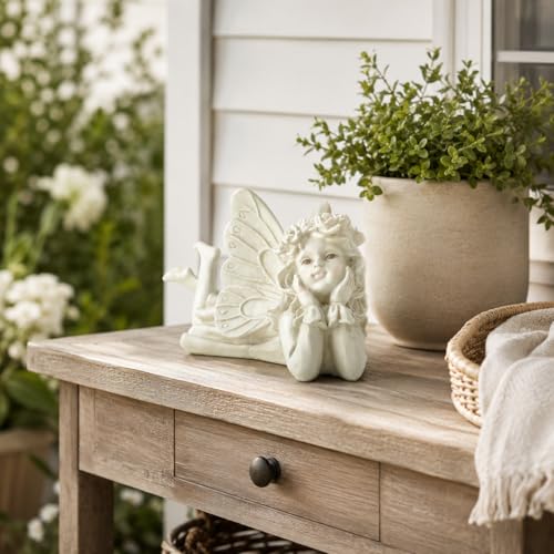 Laying Angel Garden Statue, Resin Fairy Figurine Outdoor Yard Decor | Whimsical Accent For Flower Beds, Patios, Shelves And Garden Lovers - style: Laying Angel Holding Face