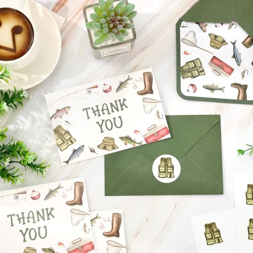 FYSUIMU 24Pcs Fishing Thank You Cards Fishing Rod Fishnet Note Card with Envelopes Stickers Green Blank Greeting Card for Fish Party Birthday Supplies - style: Fishing Rod