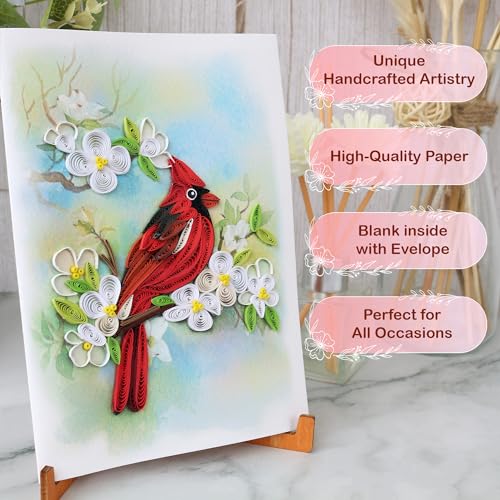 KingKraft Quilling Card- Handcrafted Greeting Card for All Occasions, Cardinal and Dogwood Card for Birthday, Anniversary, Thinking of You, Get Well, Valentines Day, Mothers Day Card, Blank Inside - color: Cardinal
