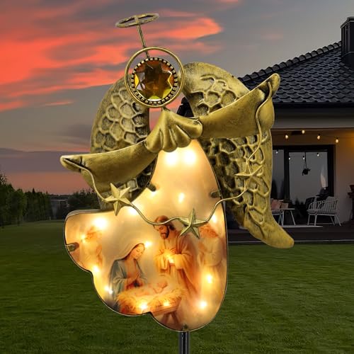 Solar Angel Garden Stake 32in Gold Iron Memorial Light Outdoor | Waterproof、Warm White LED、Dusk-to-Dawn Sensor、Cemetery Decor、Sympathy Gift for Mom/Women - color: Golden Flying Angel
