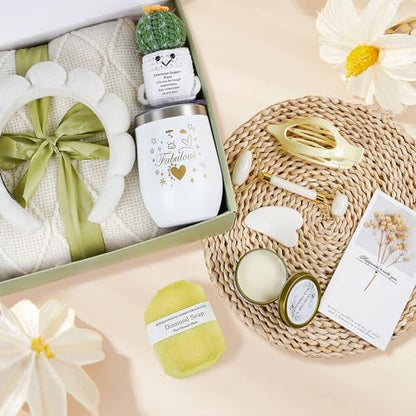 Mother's Day Gift Basket for Women, 11-Piece Self Care Spa Gift Set with Cozy Blanket in Elegant Gift Box, Thinking of You, Get Well Soon and Sympathy Gifts for Mom, Wife, Sister
