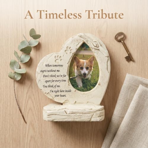 Pet Memorial Stone Headstone Grave Marker for Dog Loss Gift | Pet Dog Gravestone Tombstone, with Photo Frame, Outdoor or Indoor, Handmade of Resin, Heart Shape, Paw Prints Design