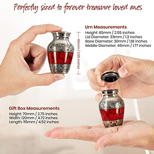 Small Keepsake Cremation Urns for Human Ashes with Velvet Heart Case and Funnel - Crimson : Deep Red Brass Hand Engraved Mini Memorial Urn - color: Red/Crimson Small Keepsake Urn