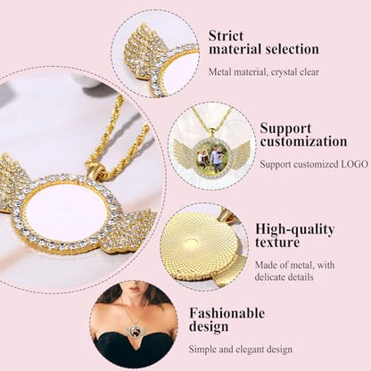 OIDEA Personalized Photo Picture Necklace: Shiny Rhinestones Angel Wings Locket Pendant Chain Necklaces Memorial Jewelry Gifts - color: 1. gold tone