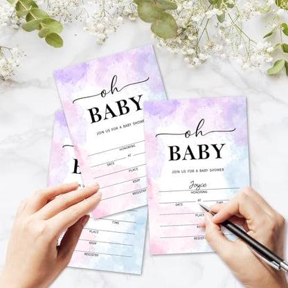 Oh Baby! Baby Shower Invitations for Boys Girls, Tie-Dye Baby Announcement Invite Cards, 25 Set of Fill-in Invites with Envelopes, Gender Reveal Party Supplies -B10 - color: Tie-Dye-Oh Baby