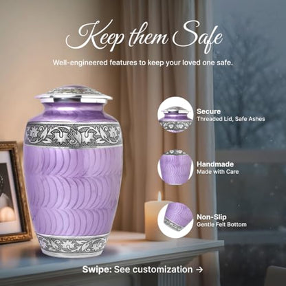 Set of 7 Custom Engraved Plaque with Purple Cremation & Funeral Urns for Ashes for Women & Men - Includes 1 Custom Engraved Large Purple Urn with 4 Small Keepsakes & 1 Necklace - color: Purple Patch Custom Plaque Set