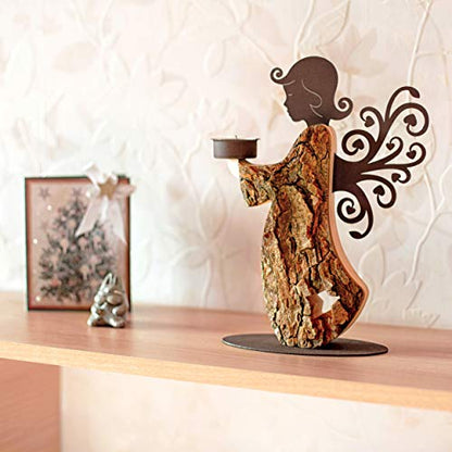 Wood Angel Tealight Candle Holder - Handcrafted Wooden Angel Candle Holder in Memory of Loved One - Guardian Angel Candlestick Holders - Angel Statues Memorial Gifts for Loss of Loved One