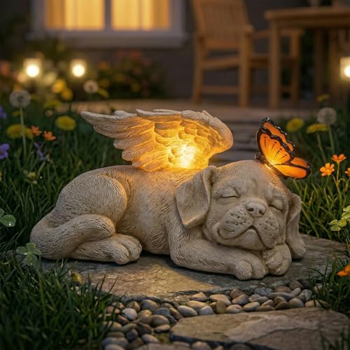 Sleeping Dog Angel Statue with Solar Light, Dog Memorial Garden Statue | Resin Dog Solar Lights with Butterfly, Pet Memorial Stone, Marker Tribute Statues, Yard, Outdoor, Patio Decor or Garden Gifts - color: Puppy