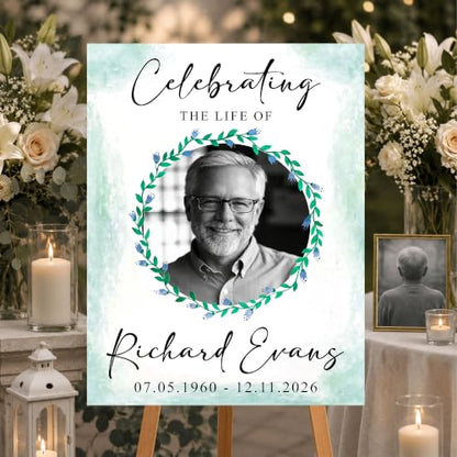 Celebration of Life Funeral Welcome Sign with Photo, Personalized Memorial Poster, Blue Floral Funeral Board, Funeral Welcome Sign - color: Style#4