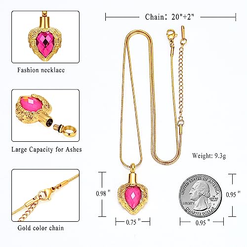 memorial jewelry Gold Angel Wings Glass Heart Urn Pet/Human Cremation Pendant Necklace Jewelry for Ashes - color: Pink