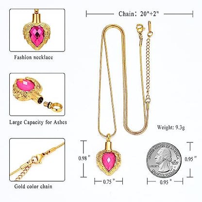memorial jewelry Gold Angel Wings Glass Heart Urn Pet/Human Cremation Pendant Necklace Jewelry for Ashes - color: Pink