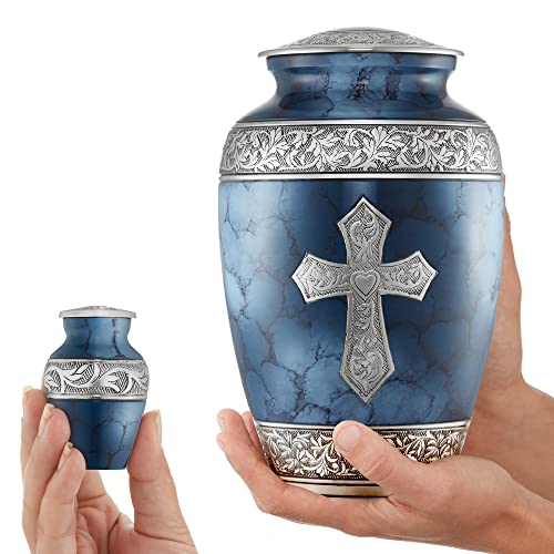 Reminded Set of 5 Engraved Cross Cremation Urns for Human Ashes - 1 Brass Adult + 4 Keepsake Token Size, Blue - color: Blue