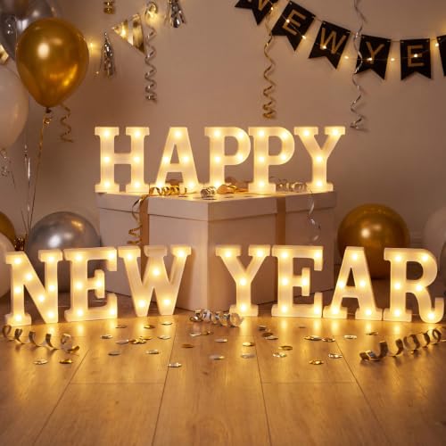 12 Pcs Happy New Year Decorations 2027 New Year's Eve Light up Signs Battery Powered LED Letter Lights for Wall Shelf Table 2027 Midnight Celebration Party Supplies Winter Home Decor - style: Happy New Year