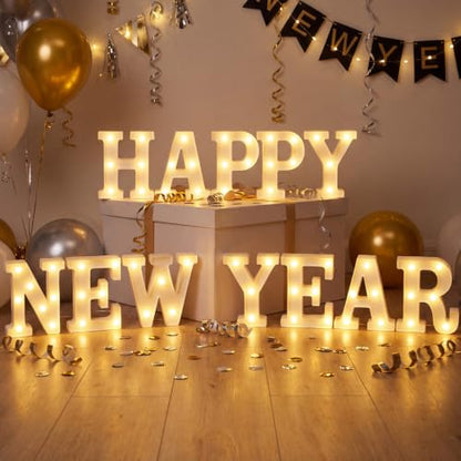 12 Pcs Happy New Year Decorations 2027 New Year's Eve Light up Signs Battery Powered LED Letter Lights for Wall Shelf Table 2027 Midnight Celebration Party Supplies Winter Home Decor - style: Happy New Year