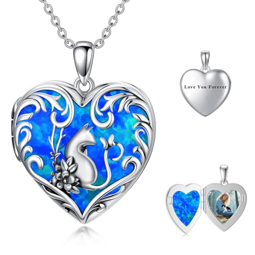 Dorunmo Personalized Heart Locket Necklace That Holds 2 Picture 925 Sterling Silver Custom Lockets Pendant Memorial Jewelry Gifts for Mom Sisters - color: Cat-Blue Opal, style: Personalized-Photo+Text