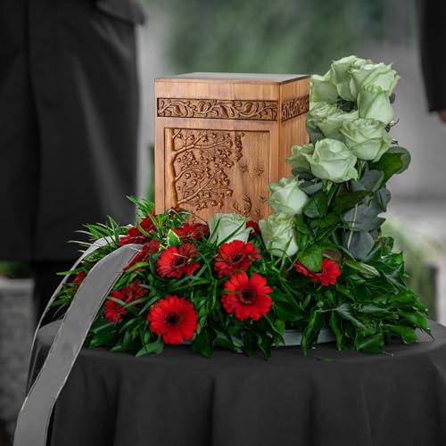 Wooden Cremation Urns for Human Ashes Adult Male Female - Handcarved Deer Wood Urn Boxe with Velvet Bag, 250 lbs Large Capacity Decorative Burial Funeral Memorial Urn