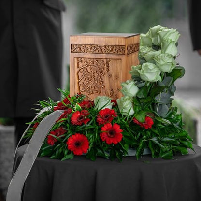 Wooden Cremation Urns for Human Ashes Adult Male Female - Handcarved Deer Wood Urn Boxe with Velvet Bag, 250 lbs Large Capacity Decorative Burial Funeral Memorial Urn