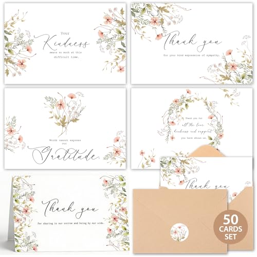 50 Pack Funeral Thank You Cards with Kraft Envelopes Stickers Sympathy Thank You Cards Bulk with Message 4x6 Inches Bereavement Notes for Memorial Service Loved Ones Celebration