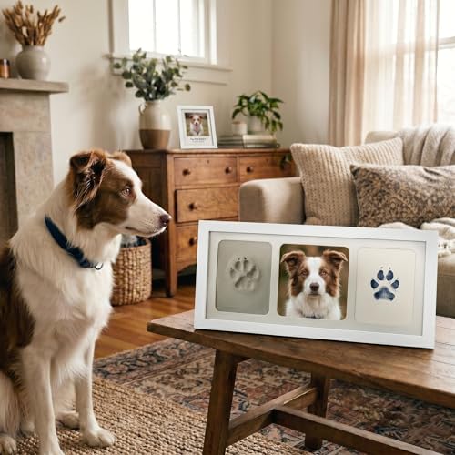 White Pet Paw Print Keepsake Photo Frame, Mess-Free 3-Panel Wooden Pet Loss Memorial Kit for Dog & Cat - color: white