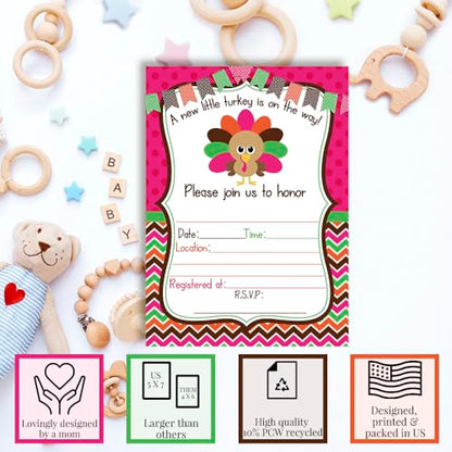 Little Turkey Girl Baby Shower Invitations, 20 5x7 Fill In Cards with Twenty White Envelopes by AmandaCreation Great for Birthdays around Thanksgiving - style: Little Turkey Girl