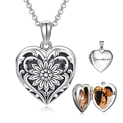 SOULMEET Sunflower/Rose/Daisy Heart Locket Necklace That Holds Pictures Keep Someone Near to You Sterling Silver/Gold Personalized Photo Locket Gift - style: B-Sunflower locket+photo+text