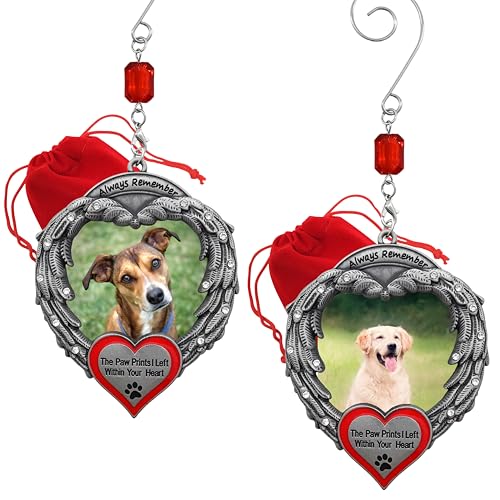 Dog Memorial Photo Christmas Ornaments Set of 2, Always Remember The Paw Prints I Left Within Your Heart, Angel Wings Pet Loss Picture Frame Ornaments, Sympathy for Loss of Dog, Memorial Keepsake - size: 2 Pieces - Standard