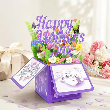 Happy Mothers Day Card, Pop Up Mothers Day Cards for Mom Wife Grandma, Unique Flowers & Butterfly Design Mothers Day Gifts with Heart-Shaped Closure Envelope & Blank Notecard - color: Happy Mothers Day