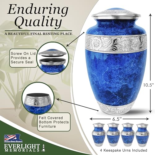Blue Marble Cremation Urn Set for Human Ashes – Large Adult Memorial Urn with 4 Keepsake Urns, Family Sharing Urn Set, Tribute of Love and Remembrance - color: Blue