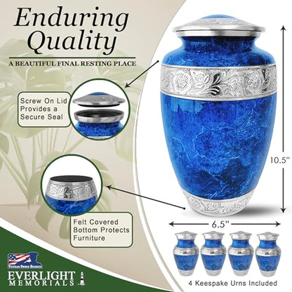 Blue Marble Cremation Urn Set for Human Ashes – Large Adult Memorial Urn with 4 Keepsake Urns, Family Sharing Urn Set, Tribute of Love and Remembrance - color: Blue