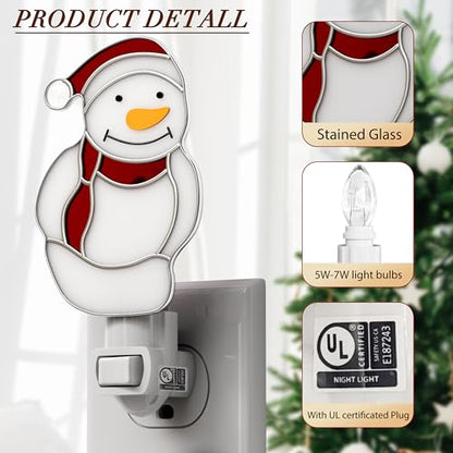 Stained Glass Christmas Snowmen Night Lights Plug in Wall for Home - color: White Snowmen
