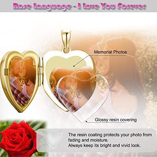 SOULMEET Sunflower/Rose/Daisy Heart Locket Necklace That Holds Pictures Keep Someone Near to You Sterling Silver/Gold Personalized Photo Locket Gift - style: A4-Gold enamel rose locket+photo+text