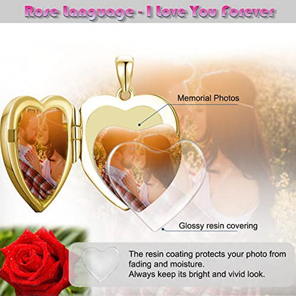 SOULMEET Sunflower/Rose/Daisy Heart Locket Necklace That Holds Pictures Keep Someone Near to You Sterling Silver/Gold Personalized Photo Locket Gift - style: A4-Gold enamel rose locket+photo+text