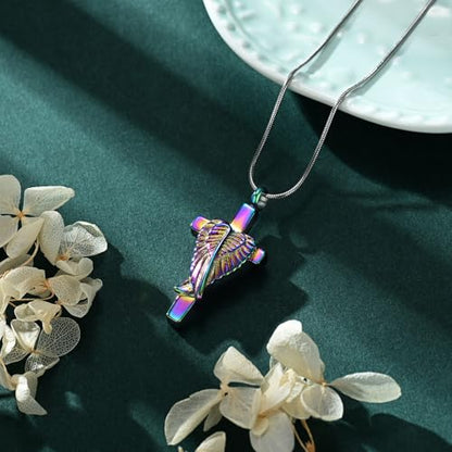Cross Cremation Jewelry Urn Necklaces Cross Angel Wings Urn Necklaces for Ashes Memorial Keepsake Pendant for Women Men Gifts With Funnel Kit & Bag - color: Rainbow